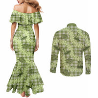 Lime Palaka Hawaii Cowboy Couples Matching Mermaid Dress and Long Sleeve Button Shirt Puakenikeni Lei Paniolo Papale Seamless Vibes - Polynesian Pride
