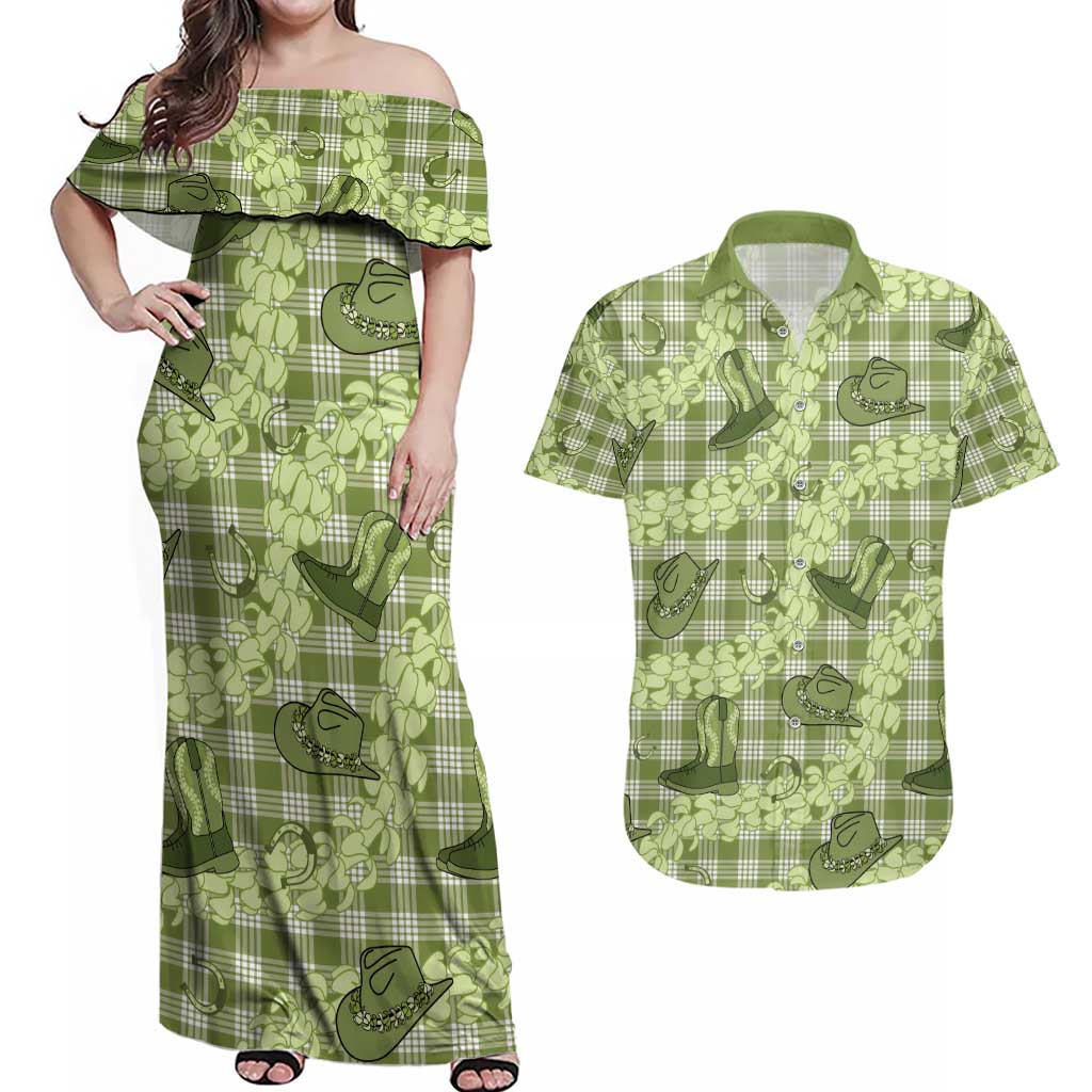 Lime Palaka Hawaii Cowboy Couples Matching Off Shoulder Maxi Dress and Hawaiian Shirt Puakenikeni Lei Paniolo Papale Seamless Vibes - Polynesian Pride