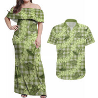 Lime Palaka Hawaii Cowboy Couples Matching Off Shoulder Maxi Dress and Hawaiian Shirt Puakenikeni Lei Paniolo Papale Seamless Vibes - Polynesian Pride