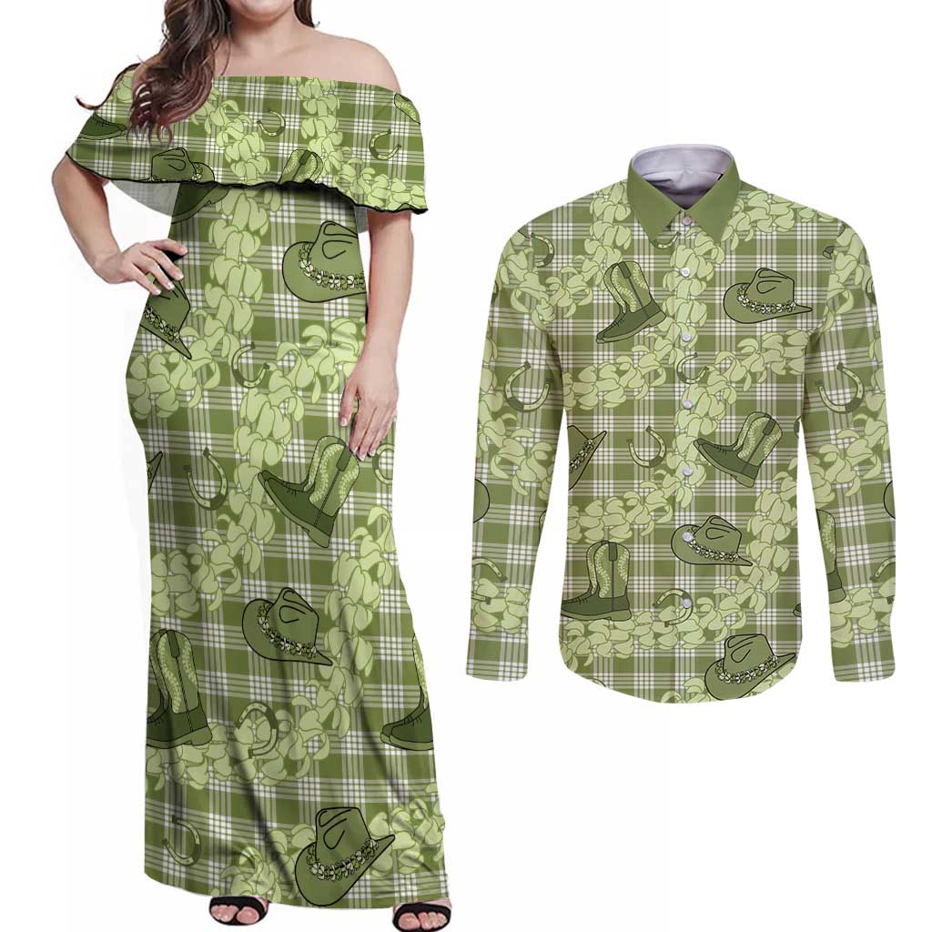 Lime Palaka Hawaii Cowboy Couples Matching Off Shoulder Maxi Dress and Long Sleeve Button Shirt Puakenikeni Lei Paniolo Papale Seamless Vibes - Polynesian Pride