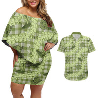 Lime Palaka Hawaii Cowboy Couples Matching Off Shoulder Short Dress and Hawaiian Shirt Puakenikeni Lei Paniolo Papale Seamless Vibes - Polynesian Pride