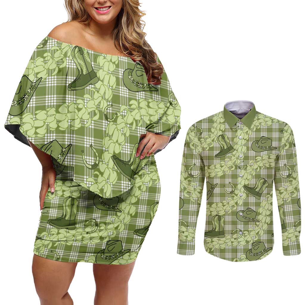 Lime Palaka Hawaii Cowboy Couples Matching Off Shoulder Short Dress and Long Sleeve Button Shirt Puakenikeni Lei Paniolo Papale Seamless Vibes - Polynesian Pride