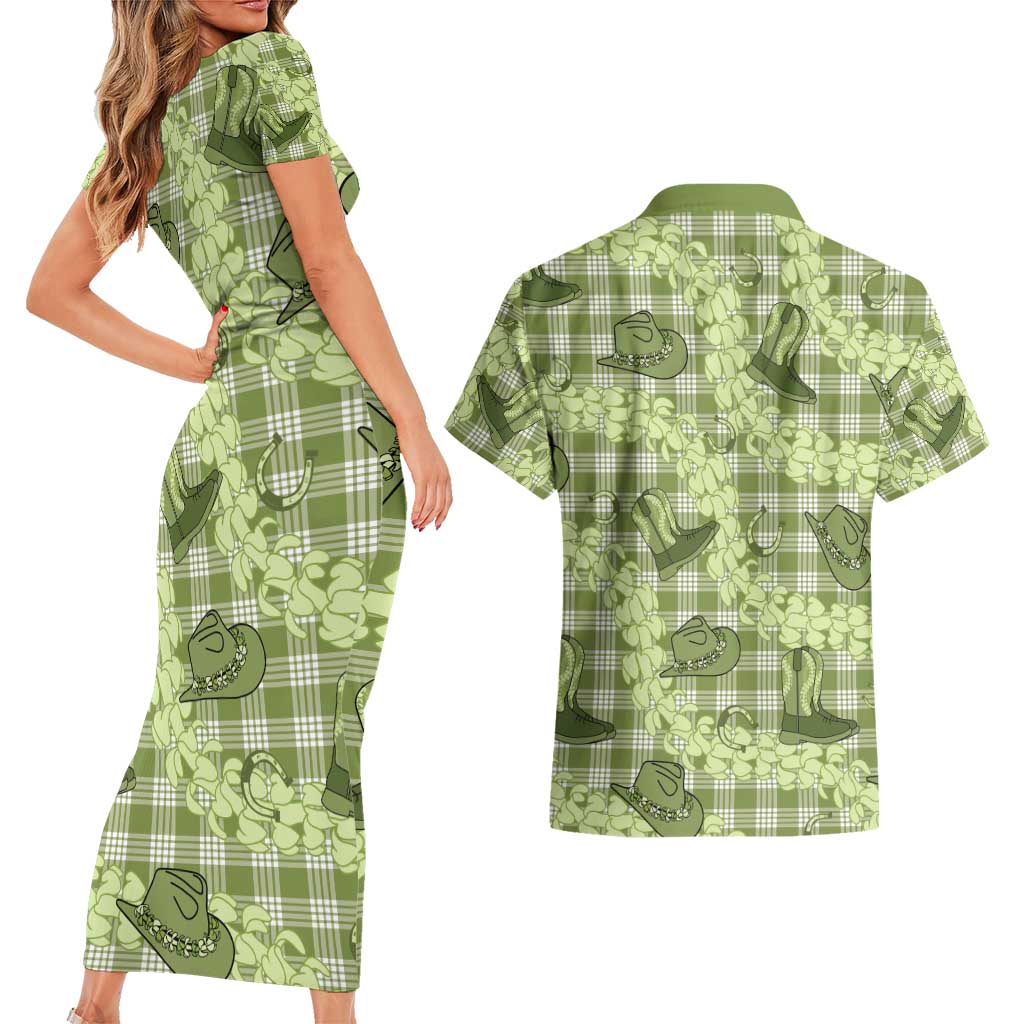 Lime Palaka Hawaii Cowboy Couples Matching Short Sleeve Bodycon Dress and Hawaiian Shirt Puakenikeni Lei Paniolo Papale Seamless Vibes - Polynesian Pride