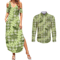 Lime Palaka Hawaii Cowboy Couples Matching Summer Maxi Dress and Long Sleeve Button Shirt Puakenikeni Lei Paniolo Papale Seamless Vibes - Polynesian Pride
