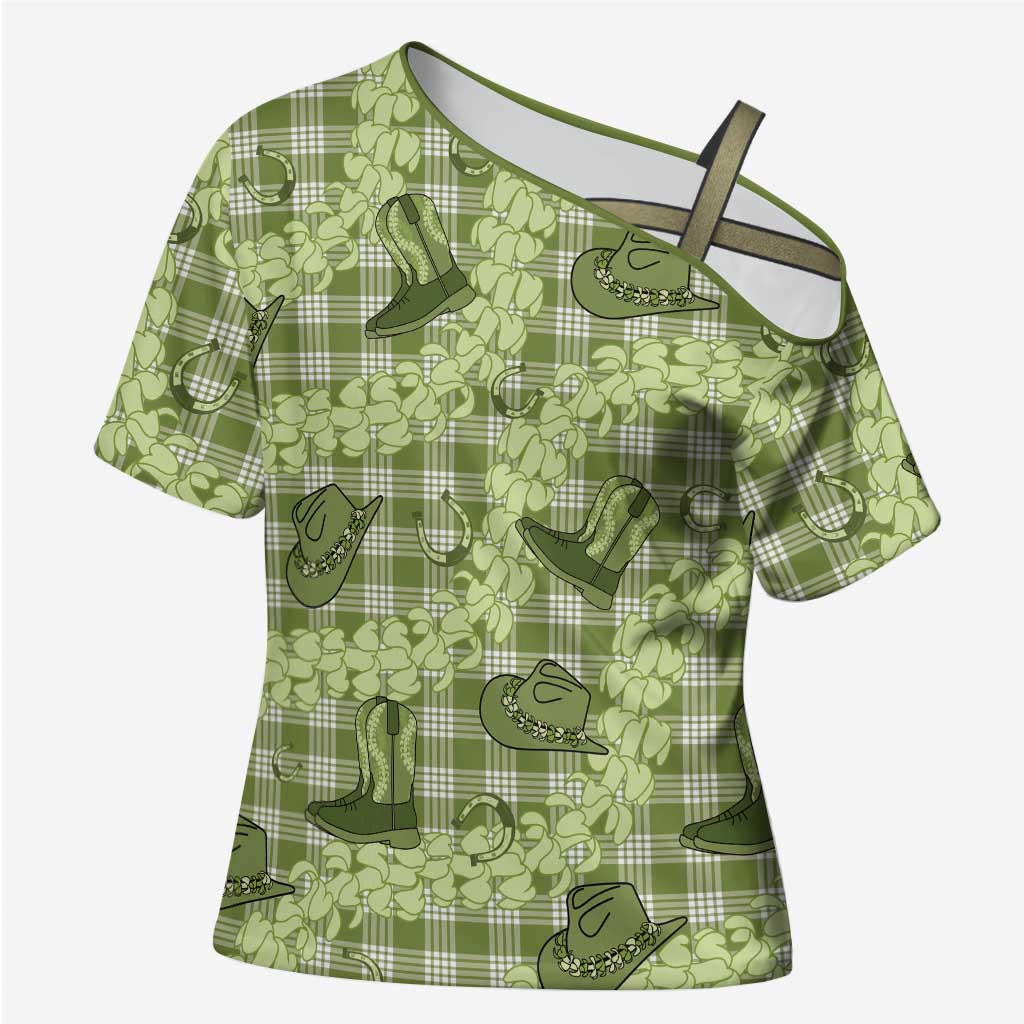 Lime Palaka Hawaii Cowboy Cross Shoulder Shirt Puakenikeni Lei Paniolo Papale Seamless Vibes - Polynesian Pride