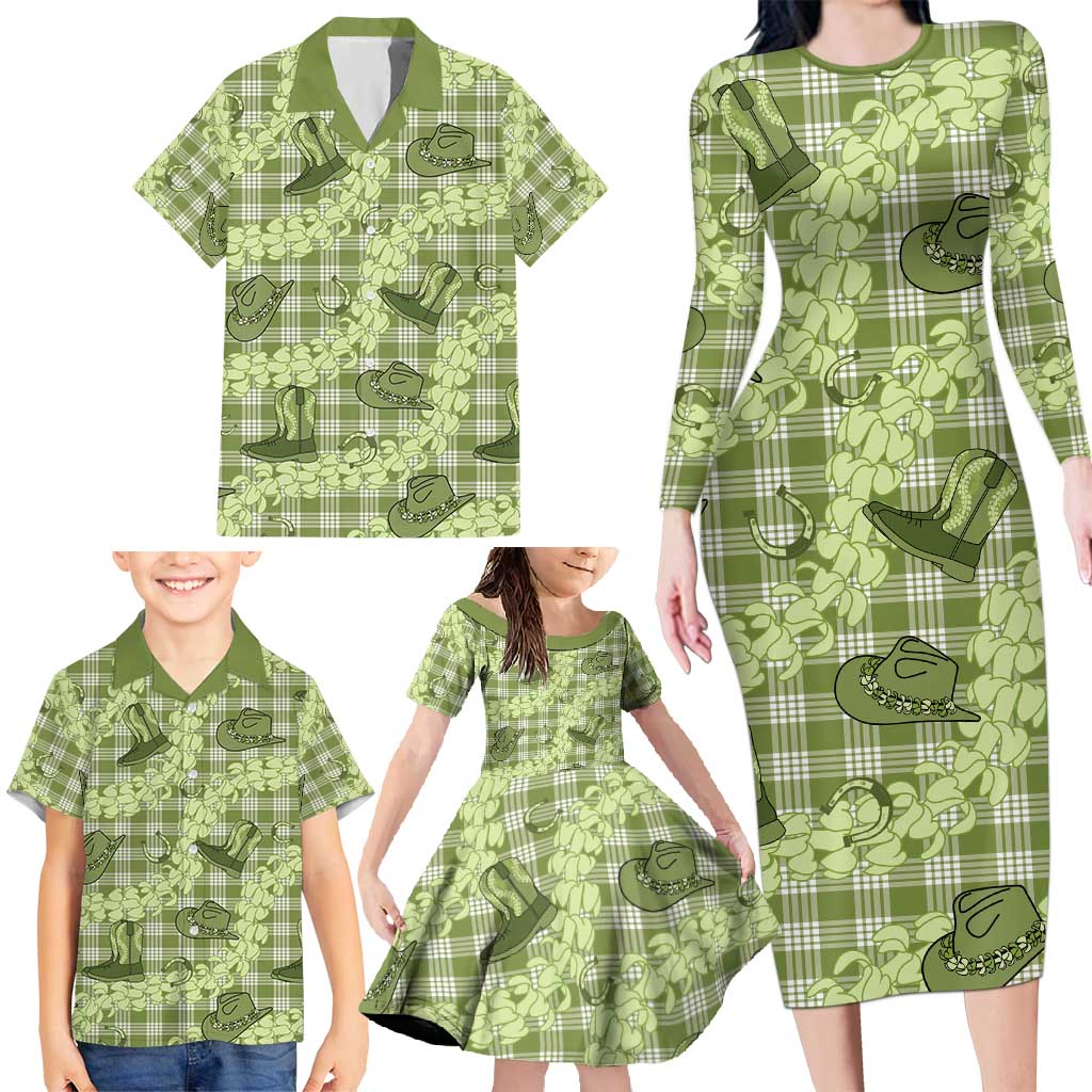 Lime Palaka Hawaii Cowboy Family Matching Long Sleeve Bodycon Dress and Hawaiian Shirt Puakenikeni Lei Paniolo Papale Seamless Vibes - Polynesian Pride