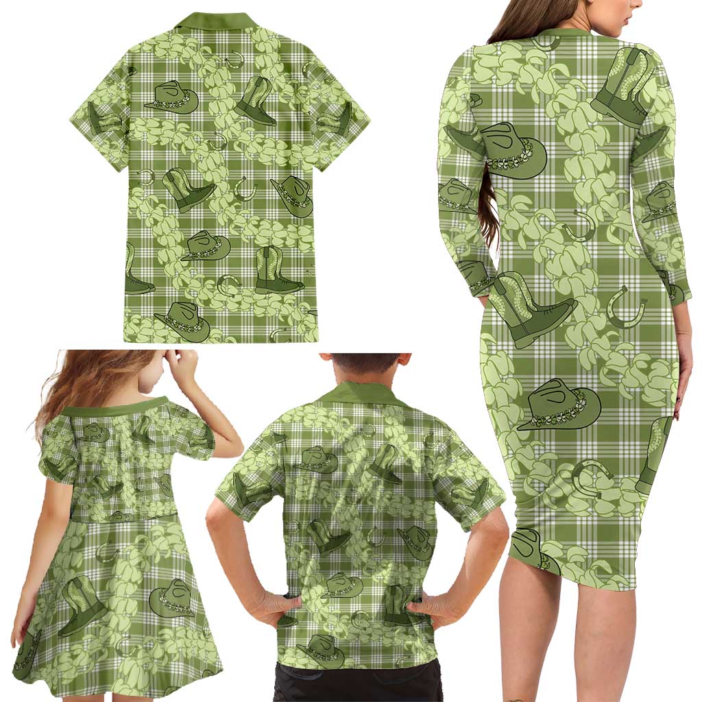 Lime Palaka Hawaii Cowboy Family Matching Long Sleeve Bodycon Dress and Hawaiian Shirt Puakenikeni Lei Paniolo Papale Seamless Vibes - Polynesian Pride