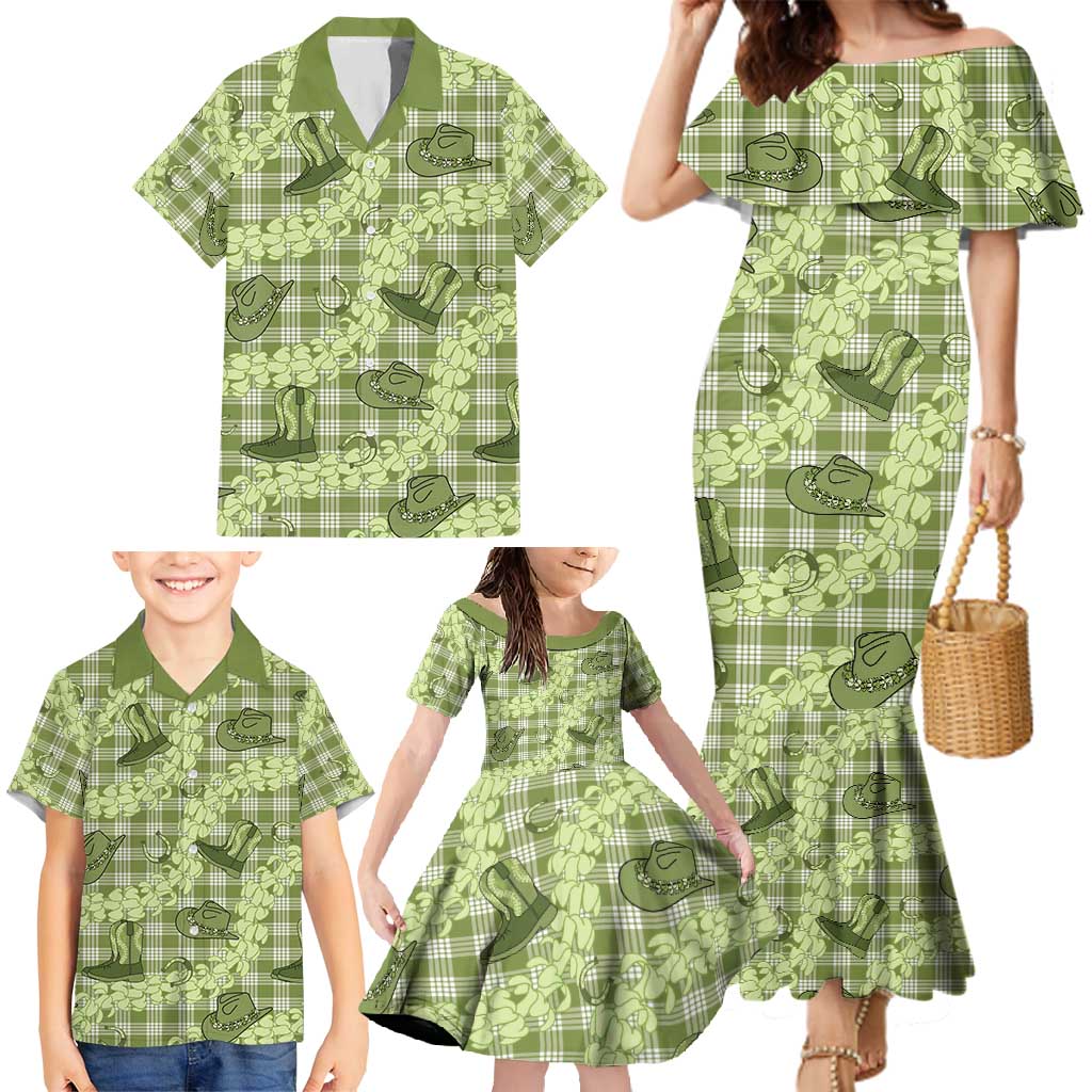 Lime Palaka Hawaii Cowboy Family Matching Mermaid Dress and Hawaiian Shirt Puakenikeni Lei Paniolo Papale Seamless Vibes - Polynesian Pride