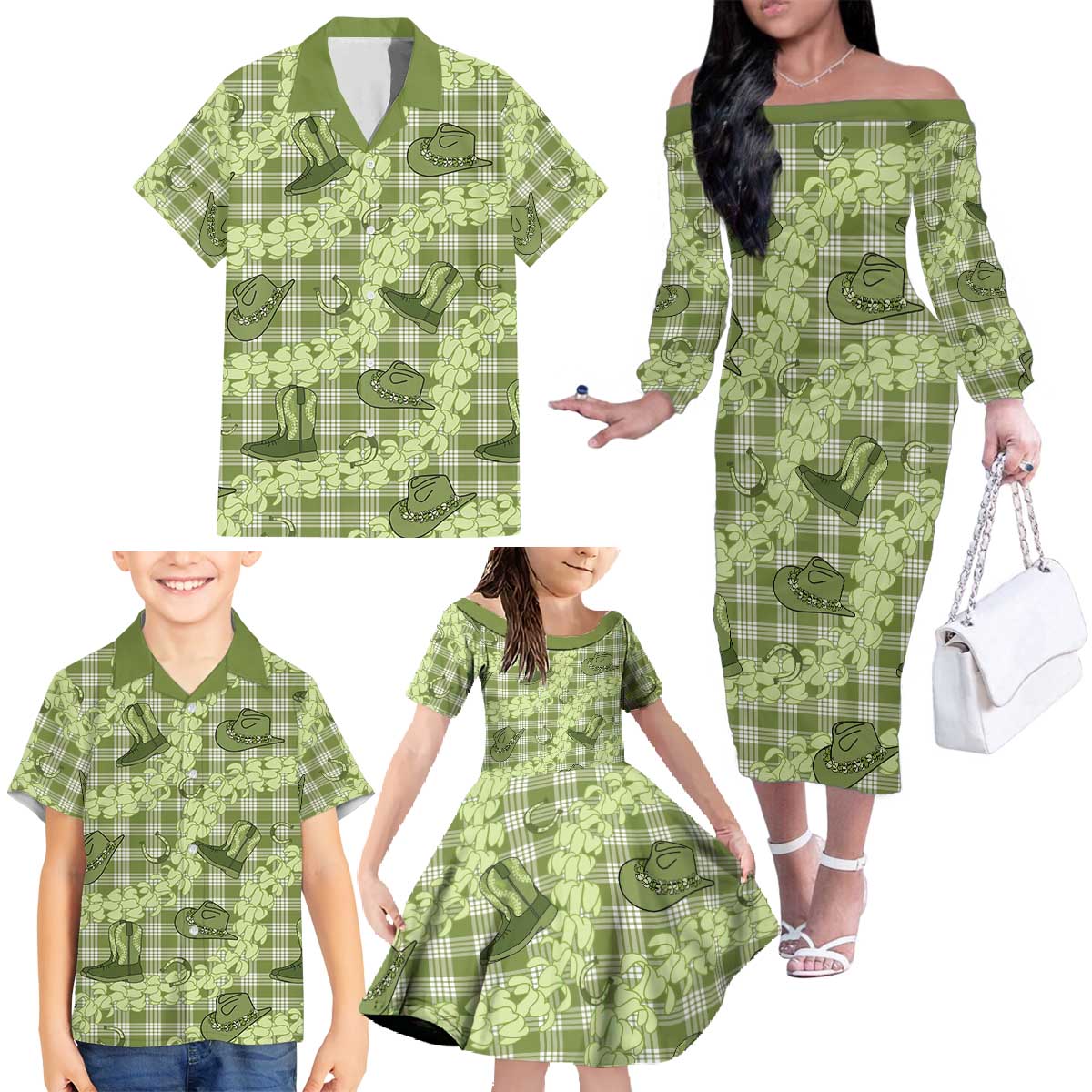 Lime Palaka Hawaii Cowboy Family Matching Off The Shoulder Long Sleeve Dress and Hawaiian Shirt Puakenikeni Lei Paniolo Papale Seamless Vibes - Polynesian Pride