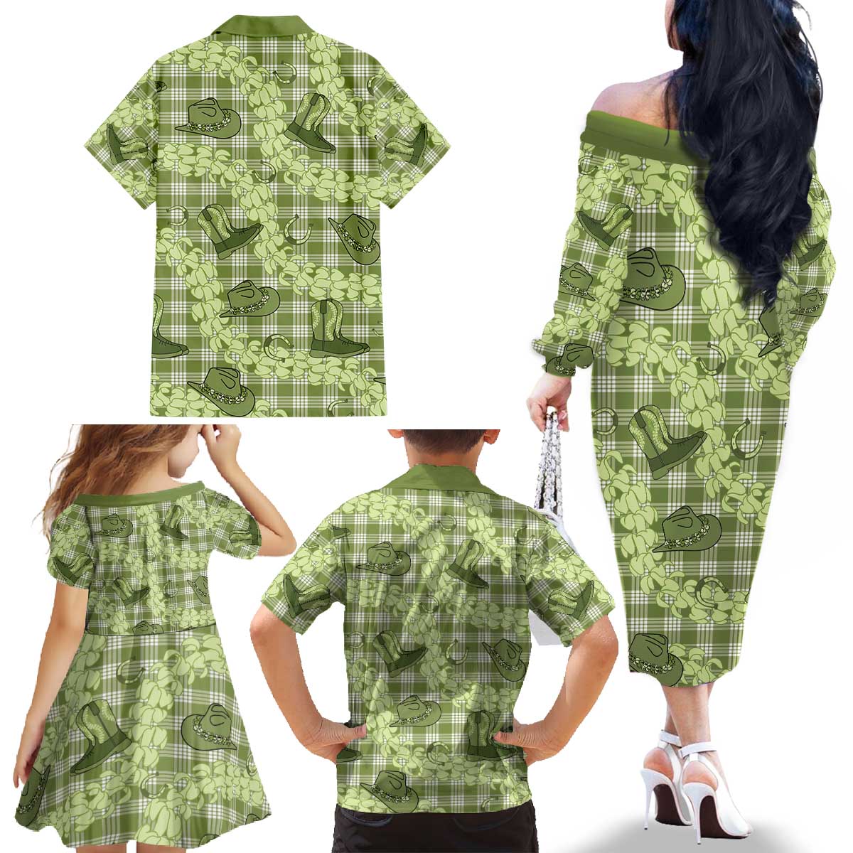 Lime Palaka Hawaii Cowboy Family Matching Off The Shoulder Long Sleeve Dress and Hawaiian Shirt Puakenikeni Lei Paniolo Papale Seamless Vibes - Polynesian Pride