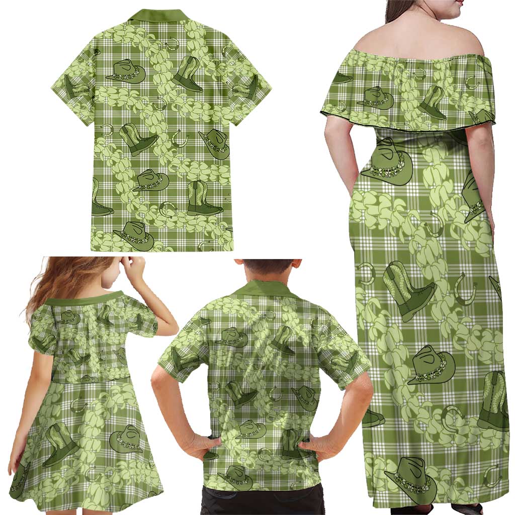 Lime Palaka Hawaii Cowboy Family Matching Off Shoulder Maxi Dress and Hawaiian Shirt Puakenikeni Lei Paniolo Papale Seamless Vibes - Polynesian Pride