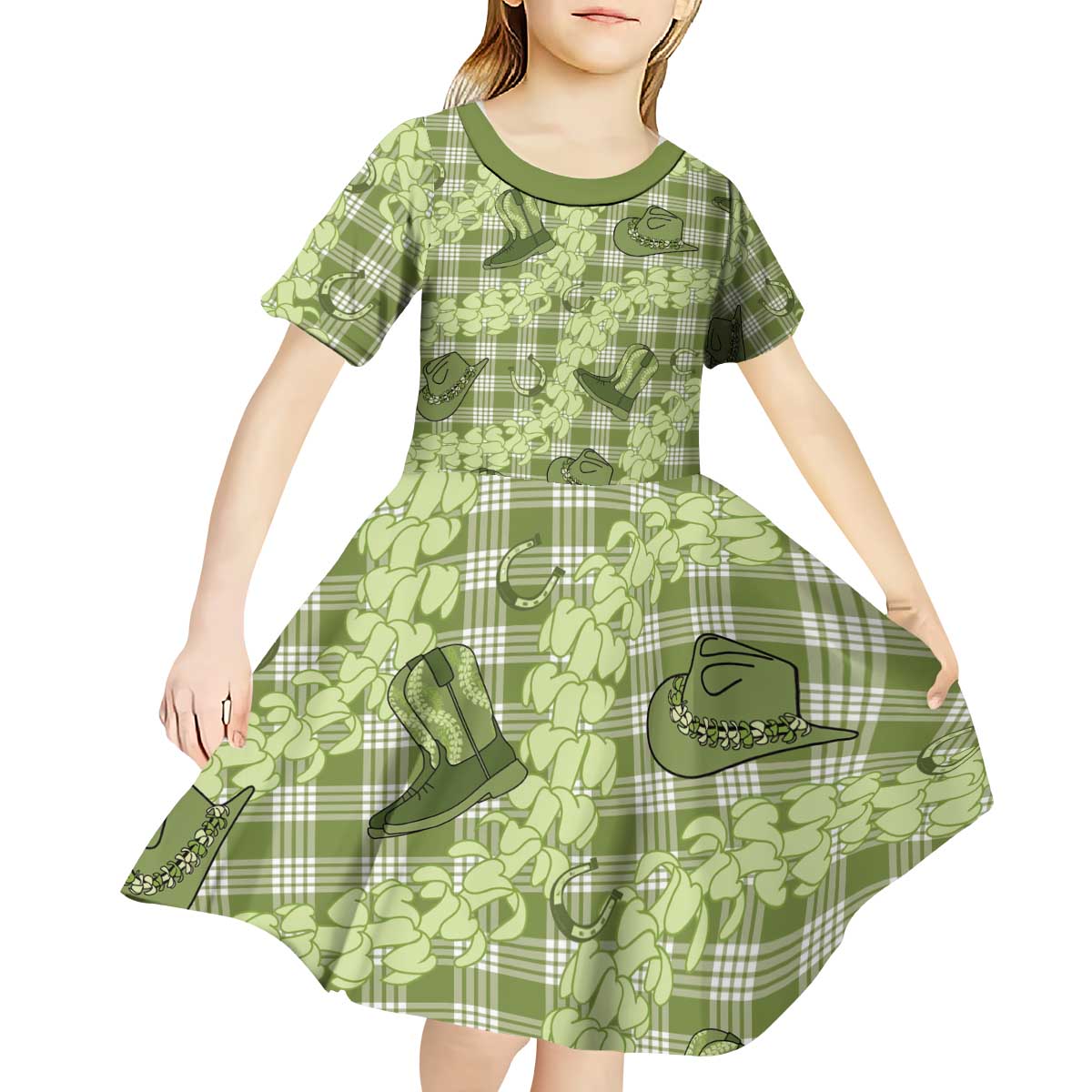 Lime Palaka Hawaii Cowboy Kid Short Sleeve Dress Puakenikeni Lei Paniolo Papale Seamless Vibes - Polynesian Pride