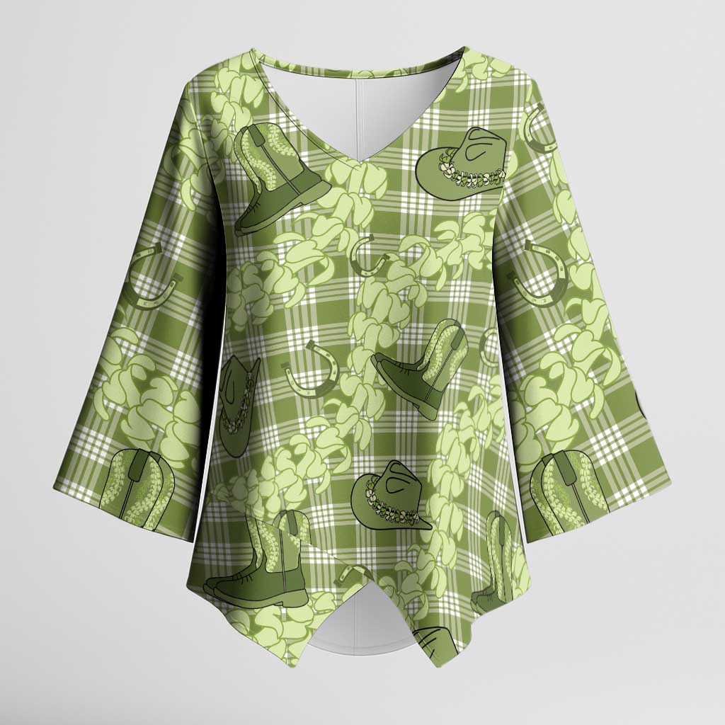 Lime Palaka Hawaii Cowboy Kimono Sleeve Blouse Puakenikeni Lei Paniolo Papale Seamless Vibes - Polynesian Pride