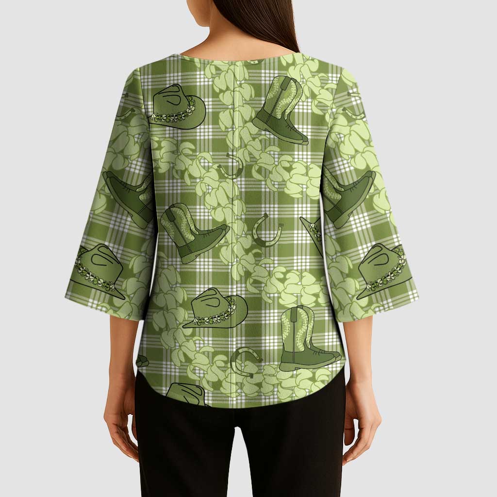Lime Palaka Hawaii Cowboy Kimono Sleeve Blouse Puakenikeni Lei Paniolo Papale Seamless Vibes - Polynesian Pride