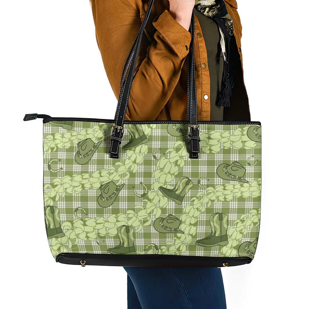 Lime Palaka Hawaii Cowboy Leather Tote Bag Puakenikeni Lei Paniolo Papale Seamless Vibes - Polynesian Pride
