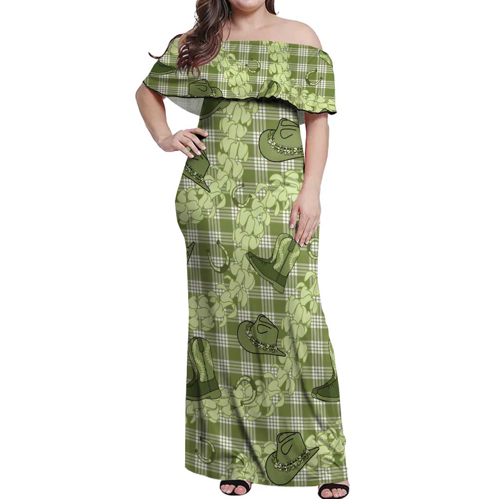Lime Palaka Hawaii Cowboy Off Shoulder Maxi Dress Puakenikeni Lei Paniolo Papale Seamless Vibes - Polynesian Pride