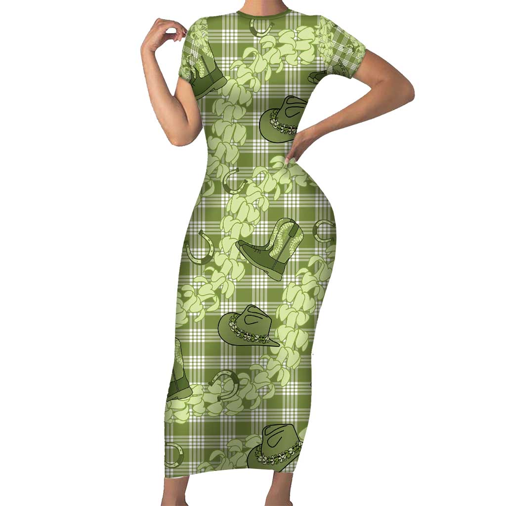 Lime Palaka Hawaii Cowboy Short Sleeve Bodycon Dress Puakenikeni Lei Paniolo Papale Seamless Vibes - Polynesian Pride