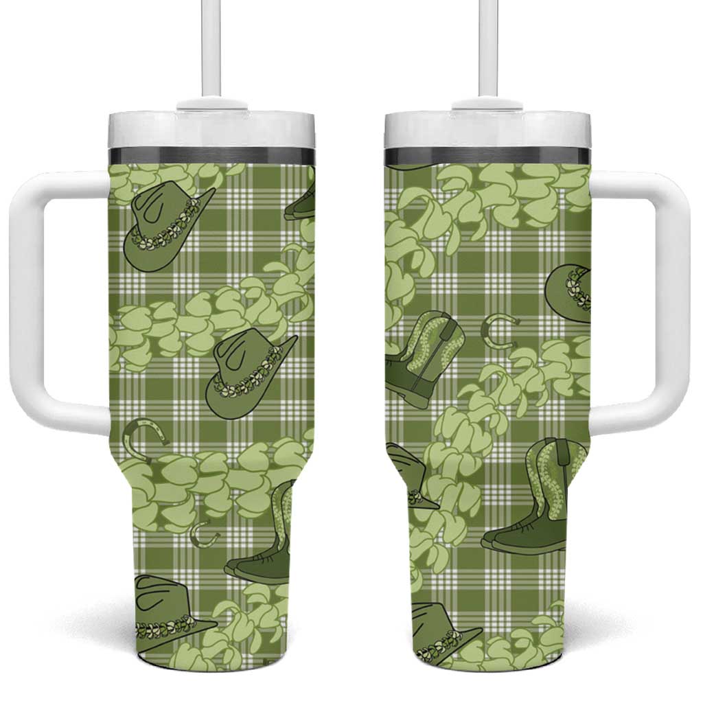 Lime Palaka Hawaii Cowboy Tumbler With Handle Puakenikeni Lei Paniolo Papale Seamless Vibes - Polynesian Pride