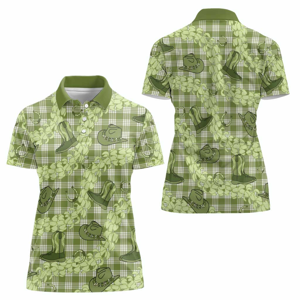 Lime Palaka Hawaii Cowboy Women Polo Shirt Puakenikeni Lei Paniolo Papale Seamless Vibes - Polynesian Pride