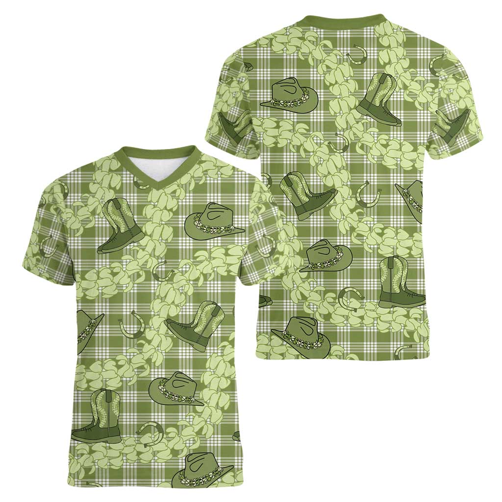 Lime Palaka Hawaii Cowboy Women V-Neck T-Shirt Puakenikeni Lei Paniolo Papale Seamless Vibes - Polynesian Pride