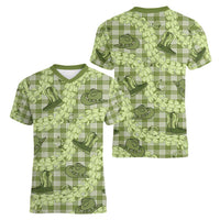 Lime Palaka Hawaii Cowboy Women V-Neck T-Shirt Puakenikeni Lei Paniolo Papale Seamless Vibes - Polynesian Pride