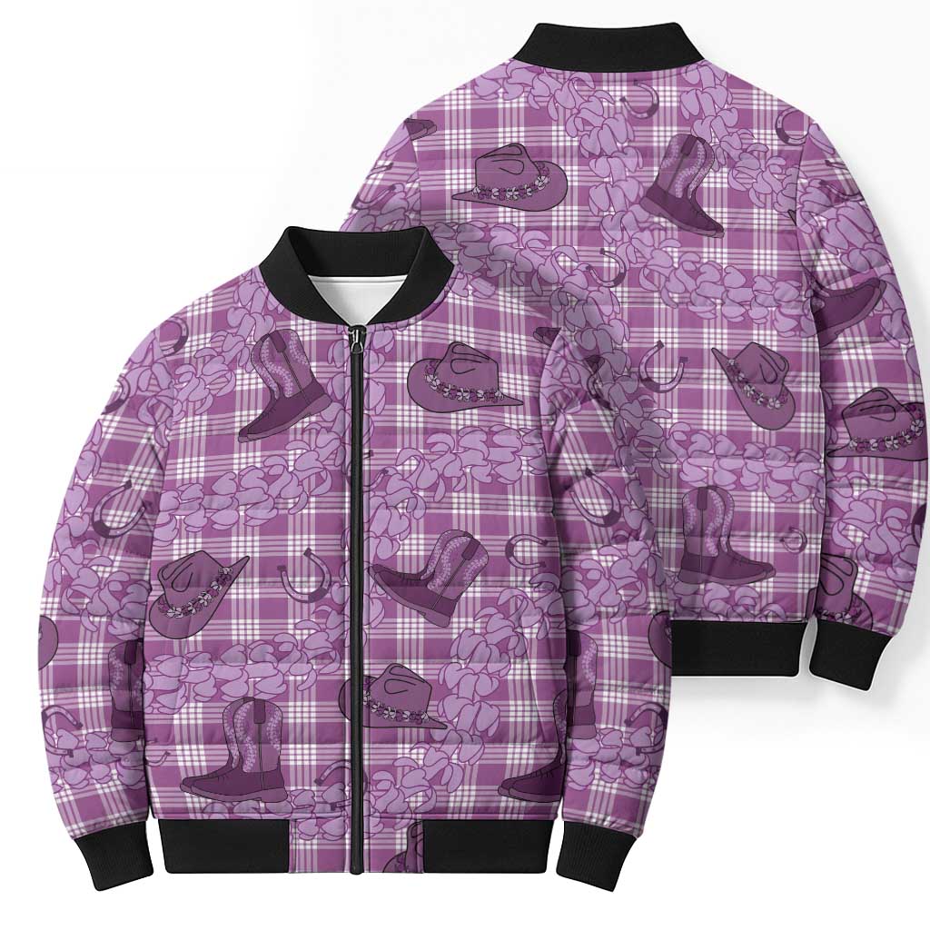 Purple Palaka Hawaii Cowboy Bomber Puffer Jacket Puakenikeni Lei Paniolo Papale Seamless Vibes - Polynesian Pride