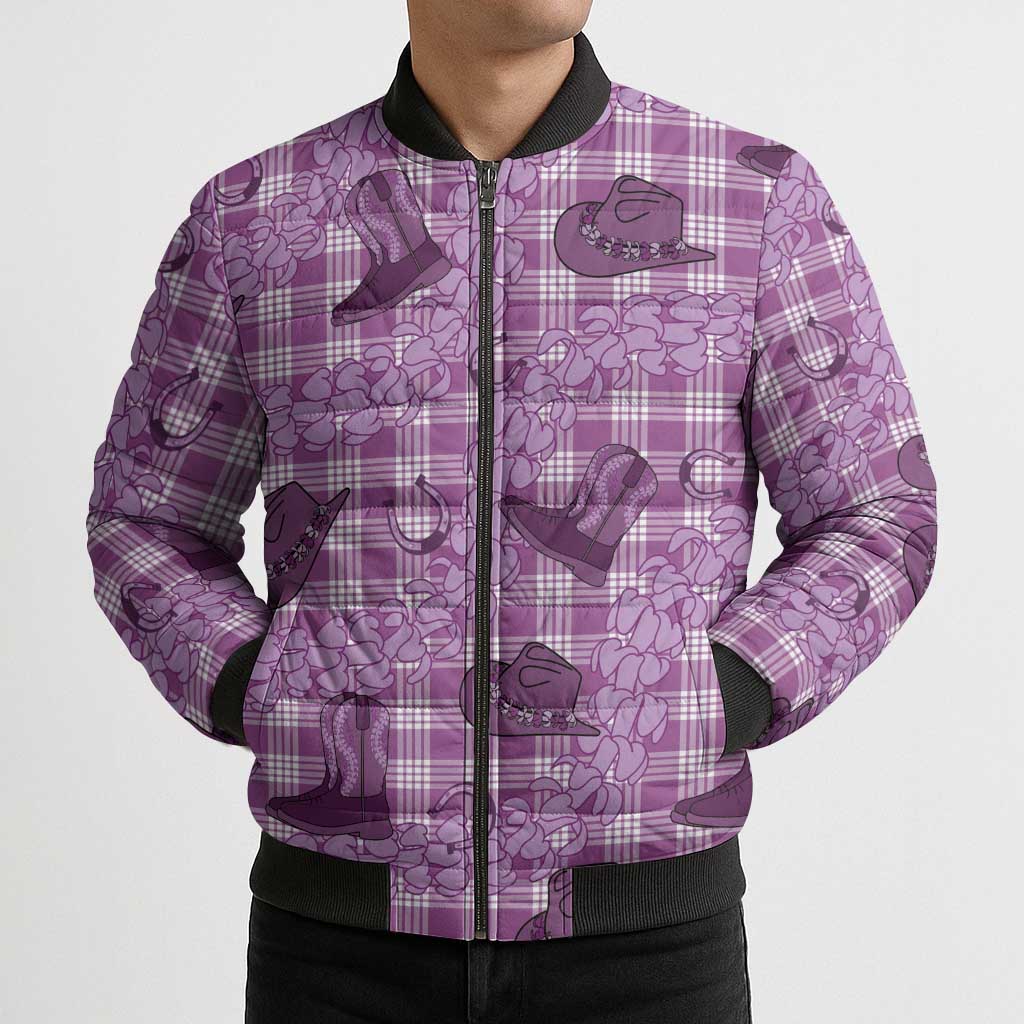 Purple Palaka Hawaii Cowboy Bomber Puffer Jacket Puakenikeni Lei Paniolo Papale Seamless Vibes - Polynesian Pride