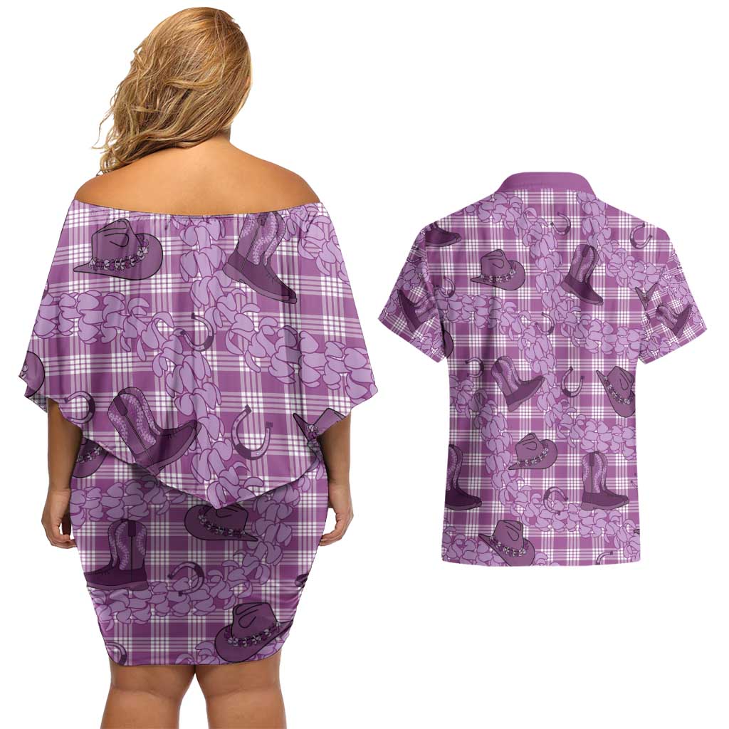 Purple Palaka Hawaii Cowboy Couples Matching Off Shoulder Short Dress and Hawaiian Shirt Puakenikeni Lei Paniolo Papale Seamless Vibes - Polynesian Pride