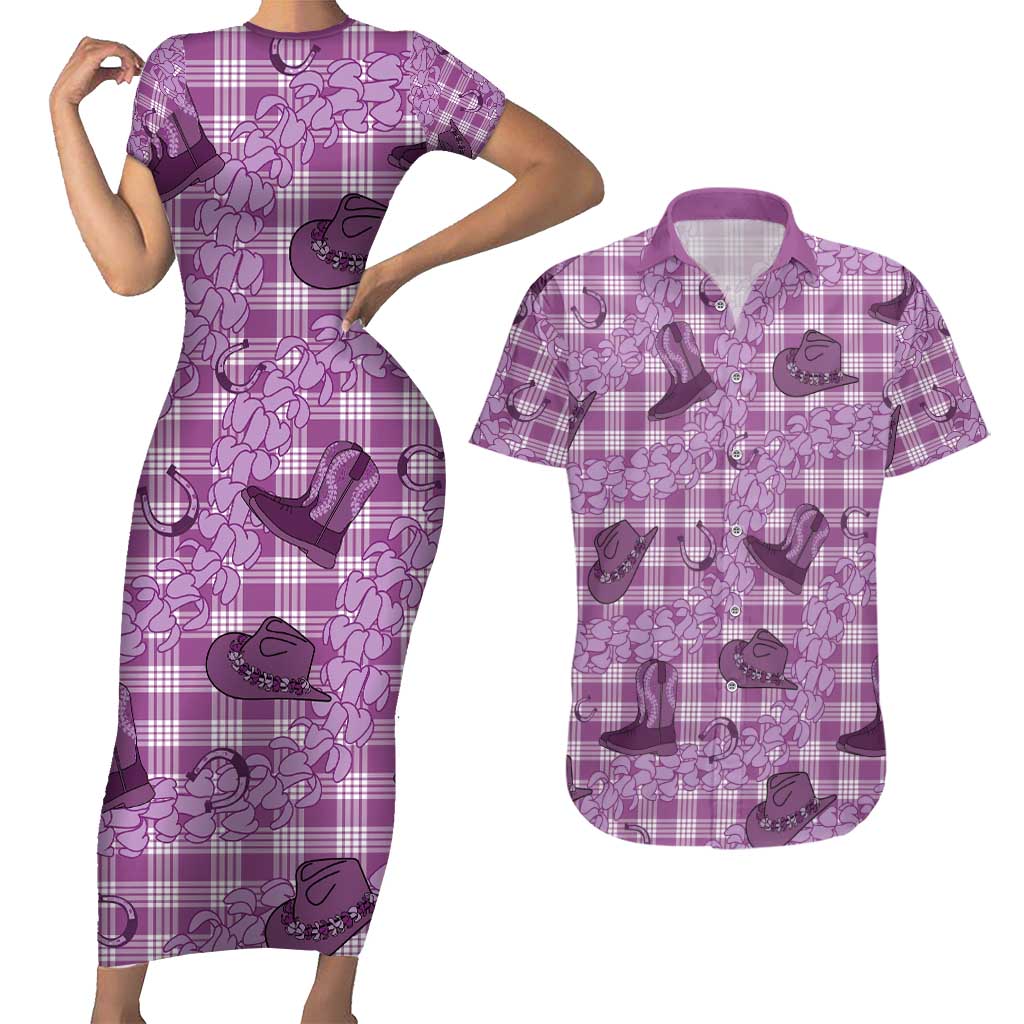 Purple Palaka Hawaii Cowboy Couples Matching Short Sleeve Bodycon Dress and Hawaiian Shirt Puakenikeni Lei Paniolo Papale Seamless Vibes - Polynesian Pride