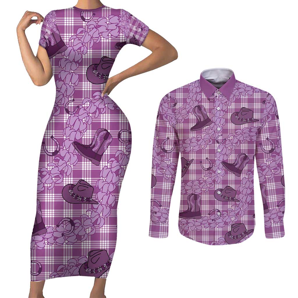 Purple Palaka Hawaii Cowboy Couples Matching Short Sleeve Bodycon Dress and Long Sleeve Button Shirt Puakenikeni Lei Paniolo Papale Seamless Vibes - Polynesian Pride