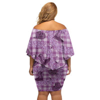 Purple Palaka Hawaii Cowboy Family Matching Off Shoulder Short Dress and Hawaiian Shirt Puakenikeni Lei Paniolo Papale Seamless Vibes - Polynesian Pride