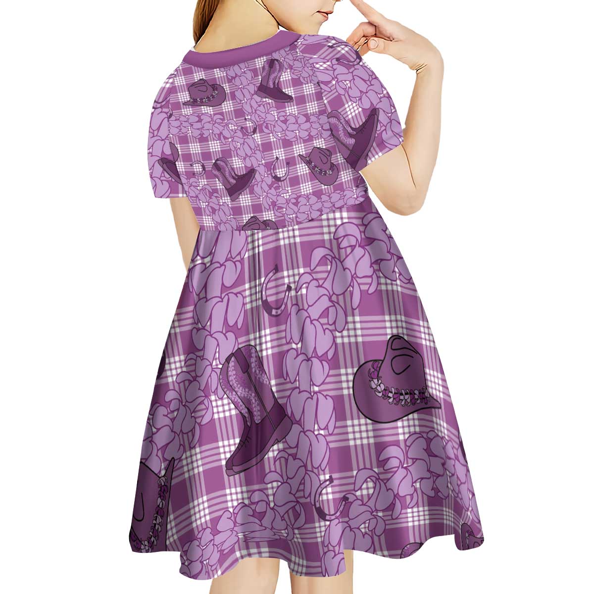 Purple Palaka Hawaii Cowboy Kid Short Sleeve Dress Puakenikeni Lei Paniolo Papale Seamless Vibes - Polynesian Pride