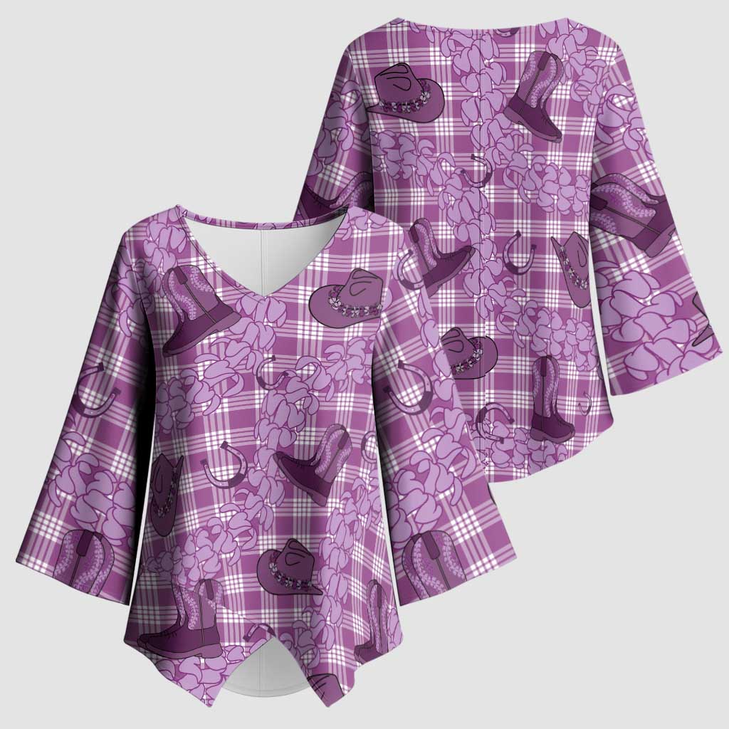 Purple Palaka Hawaii Cowboy Kimono Sleeve Blouse Puakenikeni Lei Paniolo Papale Seamless Vibes - Polynesian Pride
