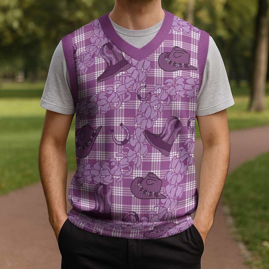Purple Palaka Hawaii Cowboy Christmas Knitted V-Neck Vest Puakenikeni Lei Paniolo Papale Seamless Vibes - Polynesian Pride