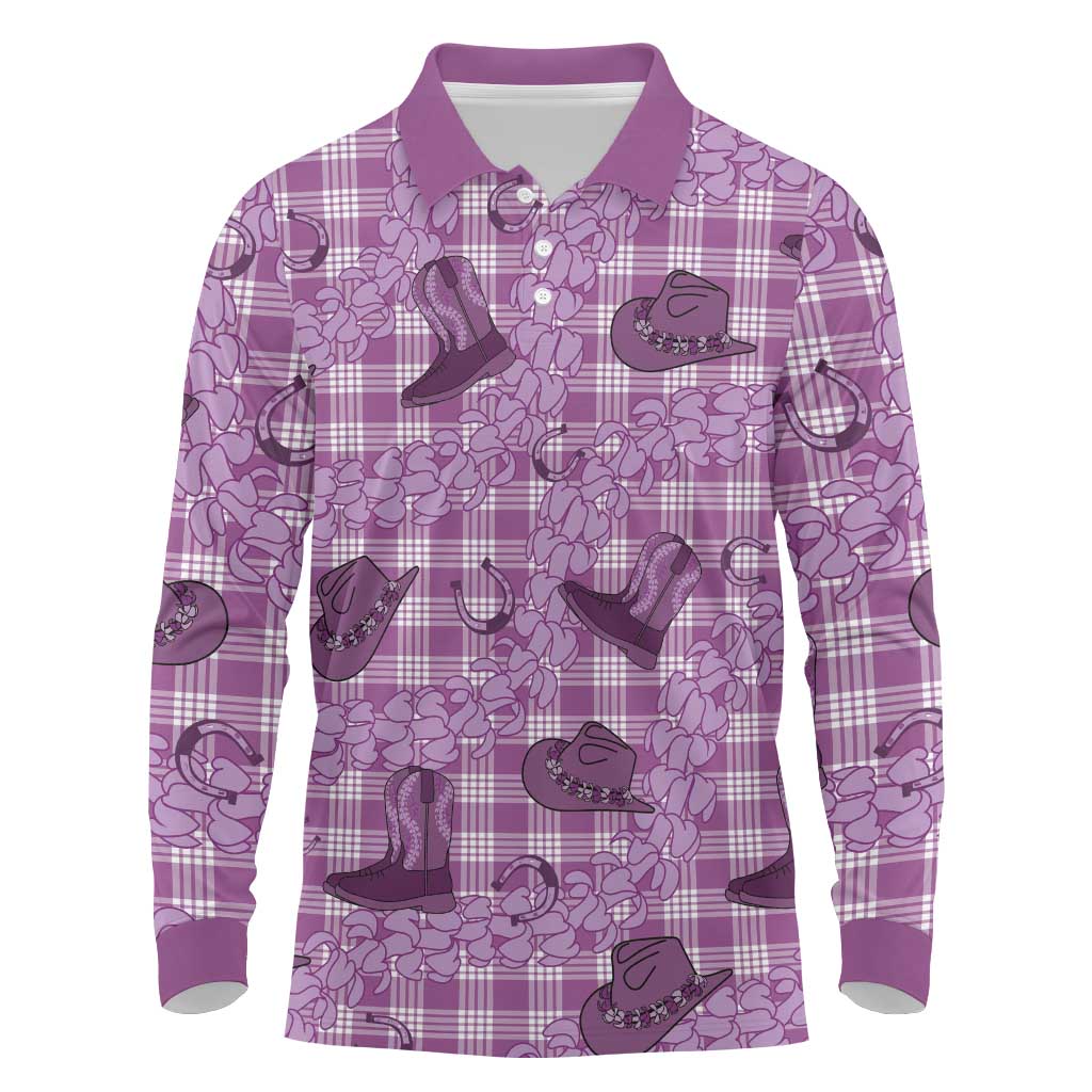 Purple Palaka Hawaii Cowboy Long Sleeve Polo Shirt Puakenikeni Lei Paniolo Papale Seamless Vibes - Polynesian Pride