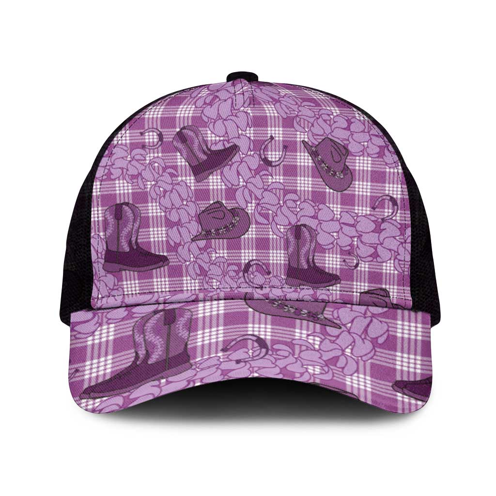Purple Palaka Hawaii Cowboy Mesh Trucker Cap Puakenikeni Lei Paniolo Papale Seamless Vibes - Polynesian Pride