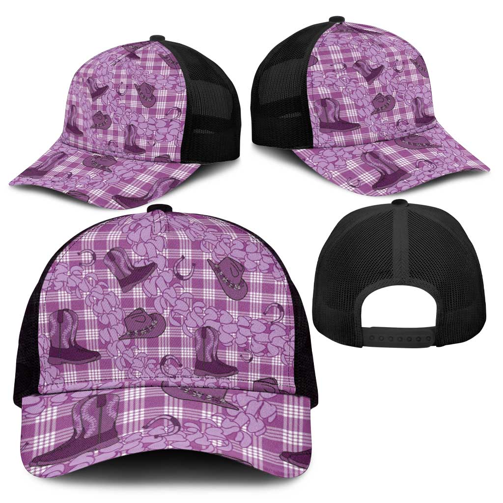 Purple Palaka Hawaii Cowboy Mesh Trucker Cap Puakenikeni Lei Paniolo Papale Seamless Vibes - Polynesian Pride
