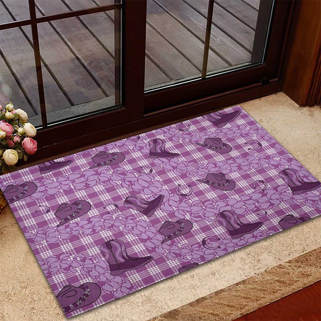 Purple Palaka Hawaii Cowboy Rubber Doormat Puakenikeni Lei Paniolo Papale Seamless Vibes - Polynesian Pride