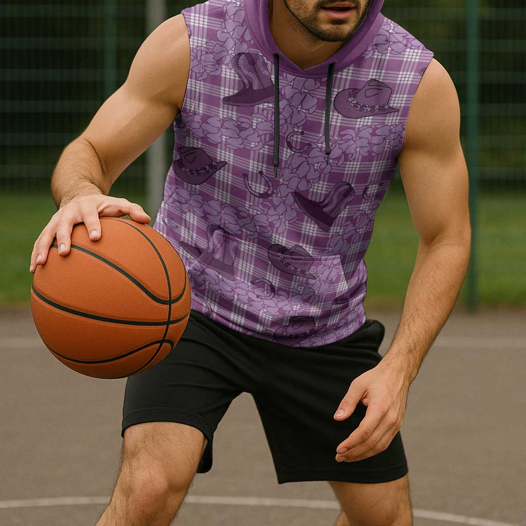 Purple Palaka Hawaii Cowboy Sleeveless Hoodie Puakenikeni Lei Paniolo Papale Seamless Vibes - Polynesian Pride