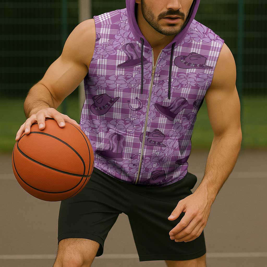 Purple Palaka Hawaii Cowboy Sleeveless Zip Hoodie Puakenikeni Lei Paniolo Papale Seamless Vibes - Polynesian Pride