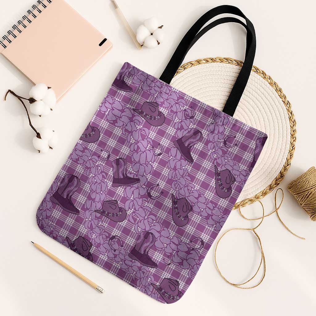 Purple Palaka Hawaii Cowboy Tote Bag Puakenikeni Lei Paniolo Papale Seamless Vibes - Polynesian Pride