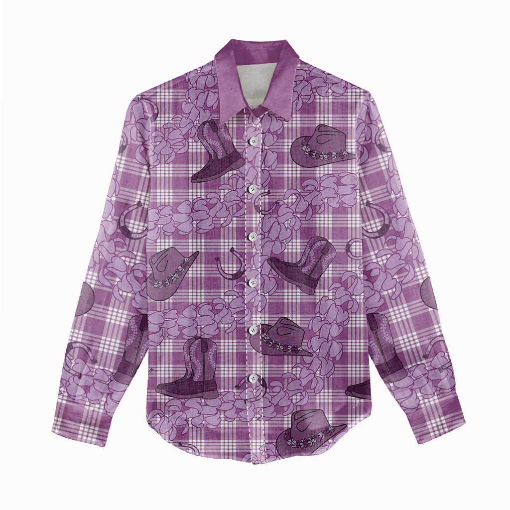 Purple Palaka Hawaii Cowboy Women Casual Shirt Puakenikeni Lei Paniolo Papale Seamless Vibes - Polynesian Pride