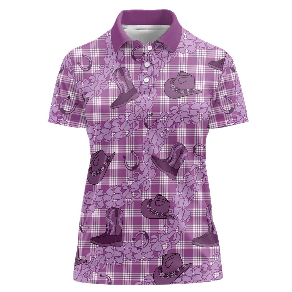 Purple Palaka Hawaii Cowboy Women Polo Shirt Puakenikeni Lei Paniolo Papale Seamless Vibes - Polynesian Pride