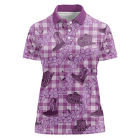 Purple Palaka Hawaii Cowboy Women Polo Shirt Puakenikeni Lei Paniolo Papale Seamless Vibes - Polynesian Pride