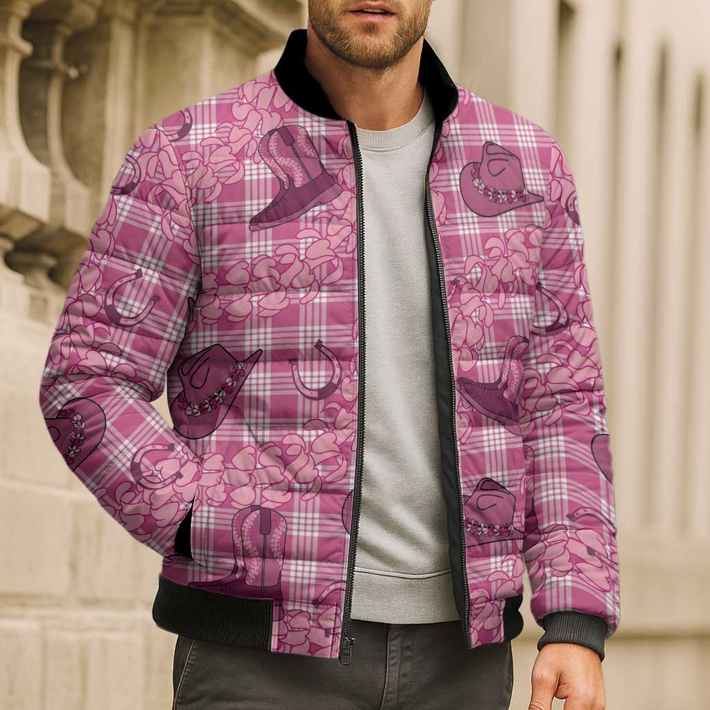Pink Palaka Hawaii Cowboy Bomber Puffer Jacket Puakenikeni Lei Paniolo Papale Seamless Vibes - Polynesian Pride