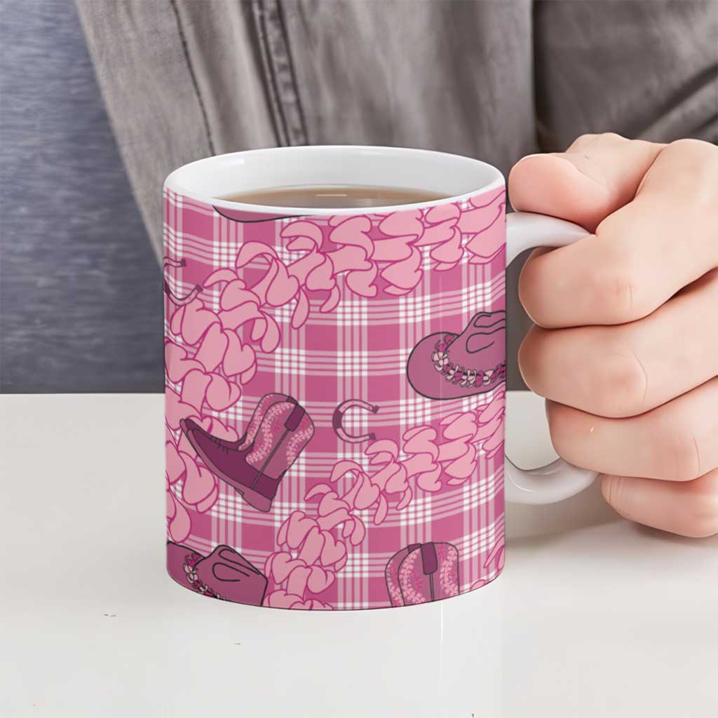 Pink Palaka Hawaii Cowboy Ceramic Mug Puakenikeni Lei Paniolo Papale Seamless Vibes - Polynesian Pride