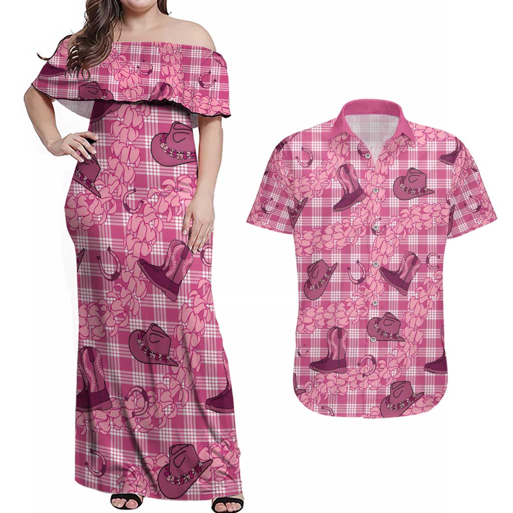 Pink Palaka Hawaii Cowboy Couples Matching Off Shoulder Maxi Dress and Hawaiian Shirt Puakenikeni Lei Paniolo Papale Seamless Vibes - Polynesian Pride