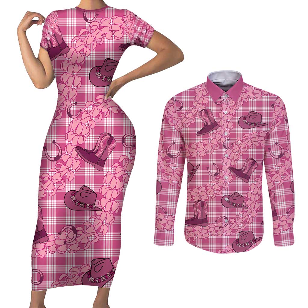 Pink Palaka Hawaii Cowboy Couples Matching Short Sleeve Bodycon Dress and Long Sleeve Button Shirt Puakenikeni Lei Paniolo Papale Seamless Vibes - Polynesian Pride