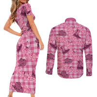 Pink Palaka Hawaii Cowboy Couples Matching Short Sleeve Bodycon Dress and Long Sleeve Button Shirt Puakenikeni Lei Paniolo Papale Seamless Vibes - Polynesian Pride