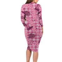 Pink Palaka Hawaii Cowboy Family Matching Long Sleeve Bodycon Dress and Hawaiian Shirt Puakenikeni Lei Paniolo Papale Seamless Vibes - Polynesian Pride